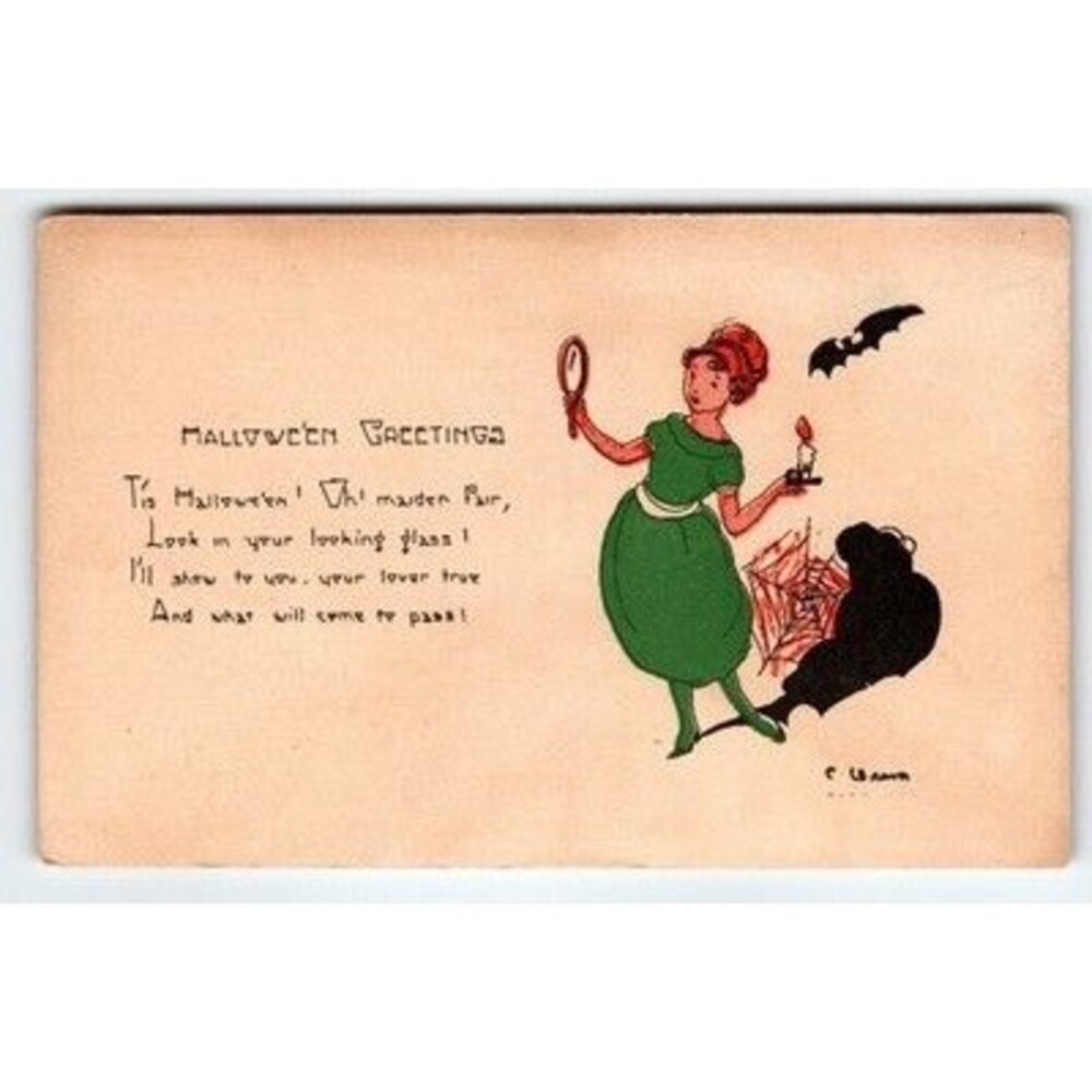 Vintage Halloween Divided Back Postcard Maiden with Mirror & Candle Bat